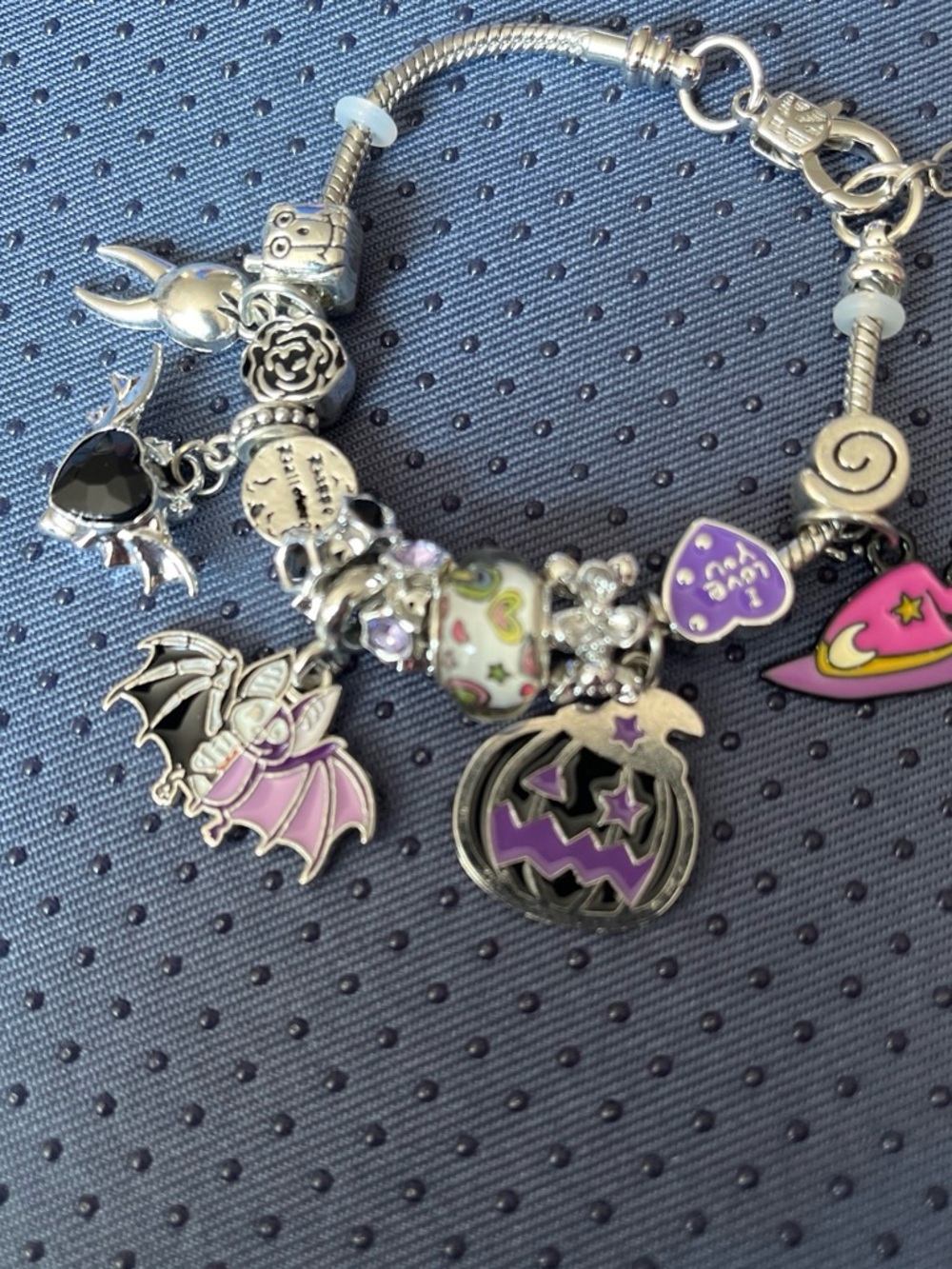 Silver-Tone Halloween Charm Bracelet with Purple Accents